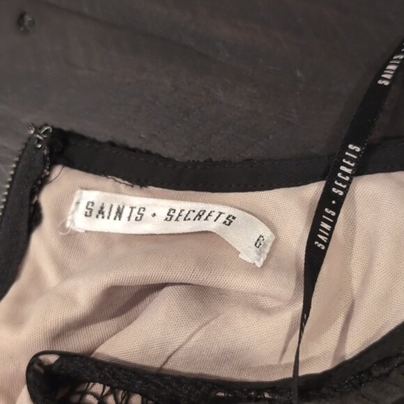 Saints + Secrets Lace Bodice Formal Maxi Dress Slit Chiffon Drop Waist Black - Picture 15 of 16